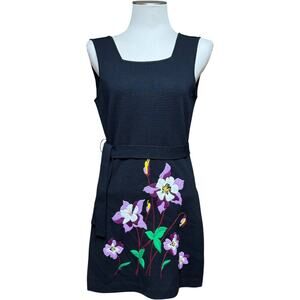 DiCosta 100% Wool Sleeveless Belted Side Slit Tunic Black Embroidered Flower 8